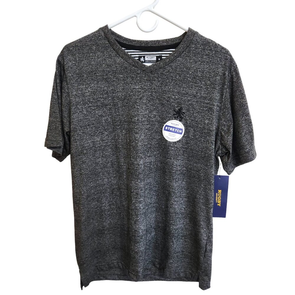 New Rugby University Gray Short Sleeved V-Neck Stretch Tee Shirt Men's Size M